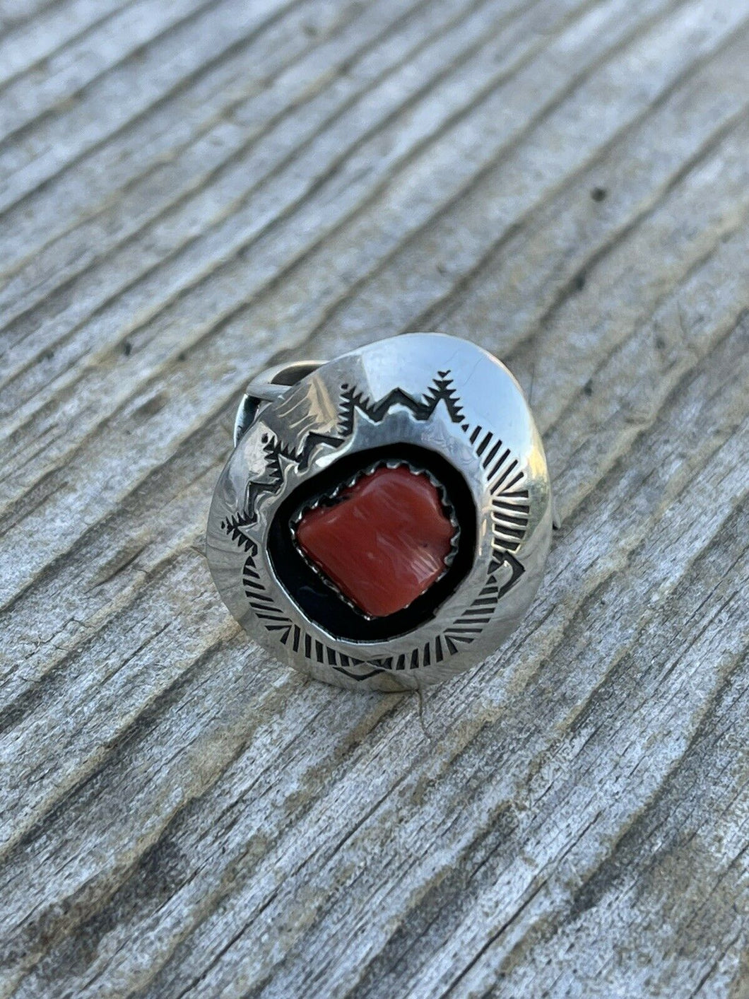 Navajo Sterling Silver Natural Red Coral Shadow Box Ring Sz 8
