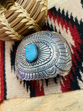 Load image into Gallery viewer, Vintage Navajo Turquoise &amp; Hand Stamped Sterling Silver Cuff Bracelet