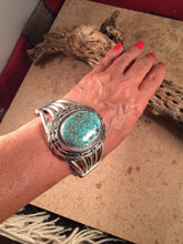 Load image into Gallery viewer, Eugene Belone Spider Web Turquoise &amp; Sterling Silver Stamped Bracelet Signed