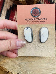 Navajo White Buffalo And Sterling Silver Post Earrings Signed