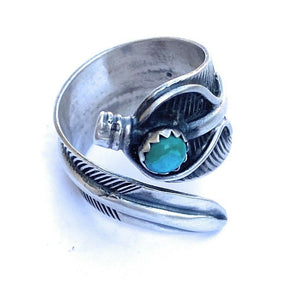 Navajo Sterling Silver & Turquoise Feather Adjustable Ring