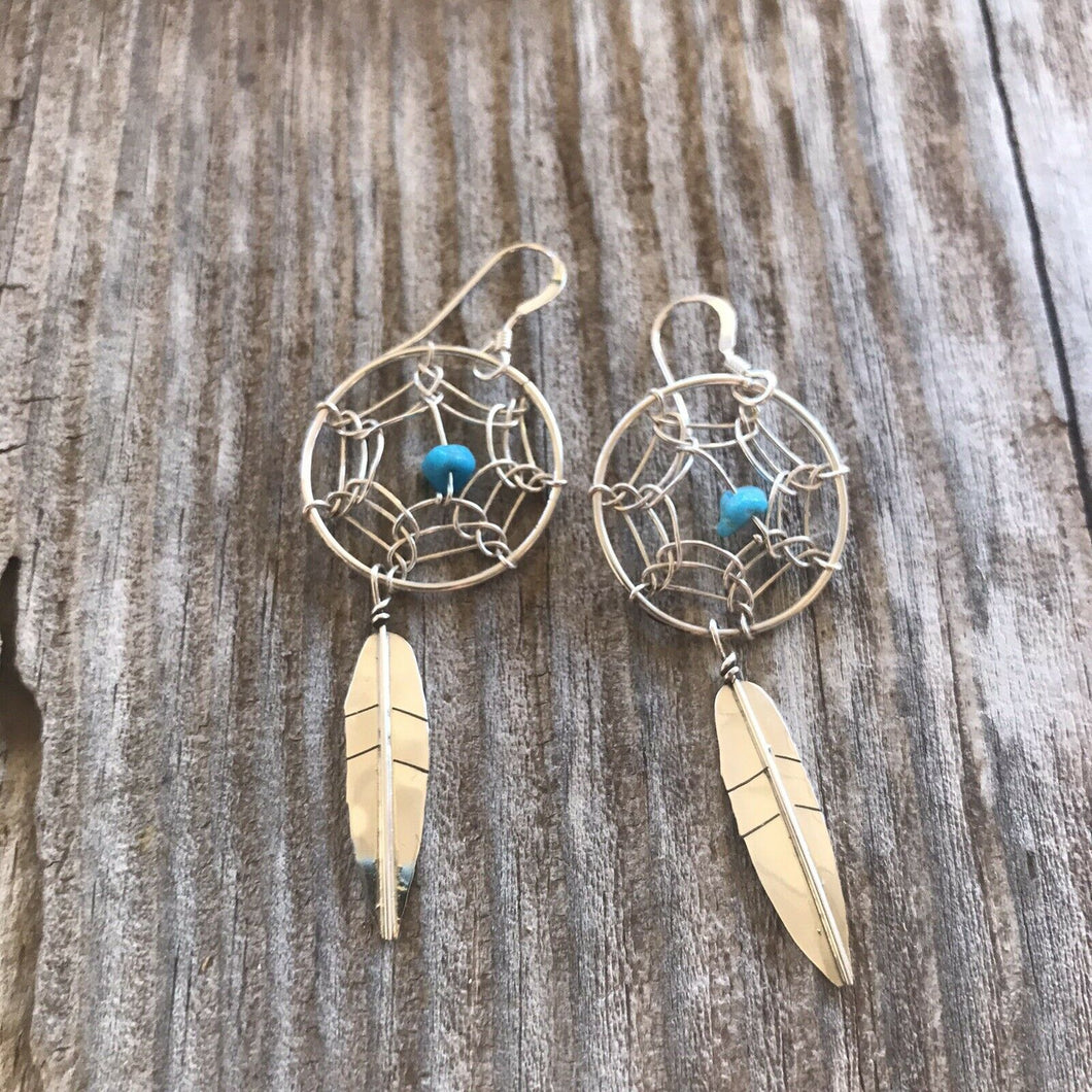 Navajo  Sterling Silver & Turquoise Dream Catcher, Dangle  Earrings