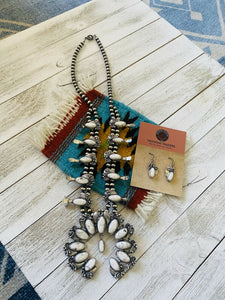 Navajo Sterling Silver & White Buffalo Squash Blossom Necklace & Earrings Set