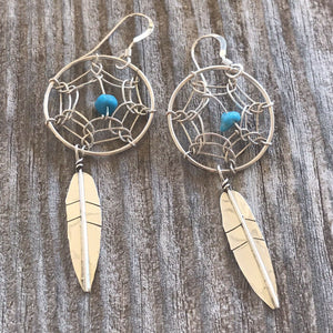 Navajo  Sterling Silver & Turquoise Dream Catcher, Dangle  Earrings