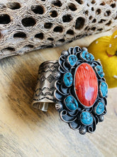 Load image into Gallery viewer, Navajo Turquoise, Orange Spiny &amp; Sterling Silver Cuff Bracelet Signed