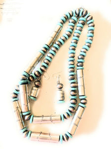 Navajo Sterling Silver Turquoise Handmade Beaded Necklace & Earrings Set