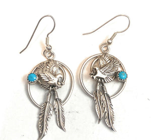 Vintage Old Pawn Navajo Turquoise & Sterling Silver Eagle Dangle Earrings