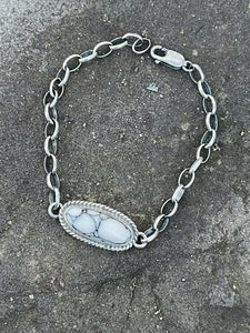 *AUTHENTIC* Navajo White Buffalo T. Skeets Stone & Sterling Silver Link Bracelet Signed (Copy)