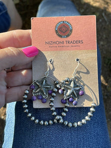 Navajo Sterling Silver Bead Purple Spiny Texas Hoop Earrings