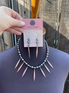 Navajo Turquoise Sterling Silver Pearl Necklace And Dangle Earring Set