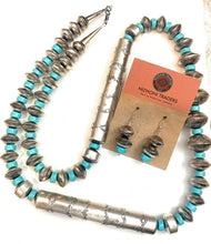 Load image into Gallery viewer, Navajo Sterling Silver &amp; Turquoise Beaded Necklace &amp; Earrings Set