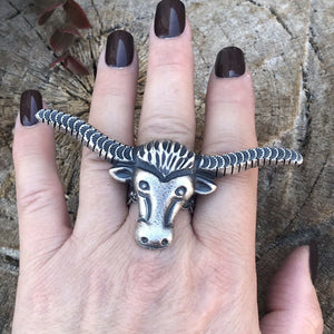 Navajo Sterling Silver Longhorn Cattle Steer Head Statement Ring