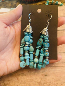 Navajo Turquoise And Sterling Silver Beaded Tassel Dangle Earrings