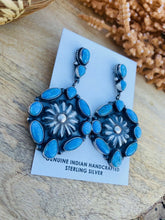 Load image into Gallery viewer, Navajo Morenci Turquoise &amp; Sterling Silver Cluster Dangle Earrings Signed