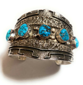 Navajo Kingman Turquoise & Hand Stamped Sterling Silver Cuff Bracelet