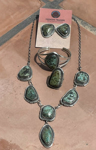 Navajo Sterling Silver & Royston Turquoise Necklace, Earring, Cuff & Ring Set
