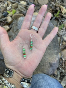 Navajo Sterling Apple Coral  & Green Kingman Turquoise Dangle Bead Earrings