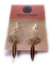 Load image into Gallery viewer, Navajo Sterling Silver Dream Catcher, Feather Dangle Earrings.