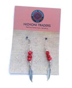 Navajo Coral & Sterling Silver Feather Dangle Earrings