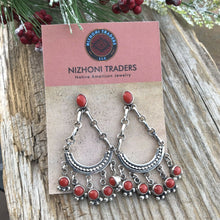 Load image into Gallery viewer, Navajo Natural Red Coral Sterling Silver Chandelier Style Dangle Earrings