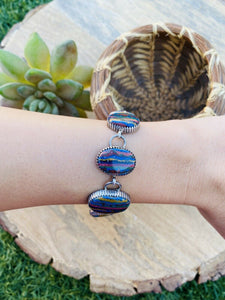Unique Navajo Sterling Silver & Rainbow Link Bracelet Signed