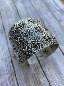 Ronnie Willie Sterling Silver Navajo Star Cuff Bracelet Signed