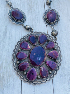 Vintage Navajo Purple Spiny Oyster & Sterling Silver Cluster Necklace Signed