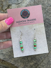 Load image into Gallery viewer, Navajo Sterling Apple Coral  &amp; Green Kingman Turquoise Dangle Bead Earrings