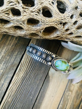 Load image into Gallery viewer, Navajo Sterling Silver &amp; Sonoran Mountain Turquoise Cuff Bracelet By Albert Jake