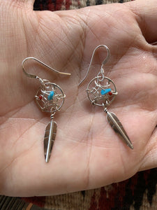 Navajo Sterling Silver Turquoise  Coral Dream Catcher, Feather Dangle Earrings.