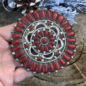 Navajo Jumbo Sterling Silver & Natural Red Coral Cluster Pendant/pin Signed