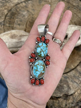 Load image into Gallery viewer, Navajo Sterling Kingman Web Turquoise &amp; Red Coral Taos Pendant Bea Tom