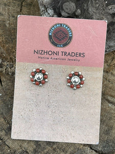 Navajo Sterling Silver And Natural Red Coral Cluster Stud Earrings