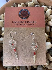 Navajo Sterling Silver Coral Dream Catcher, Feather Dangle Earrings.