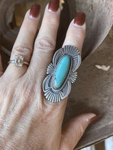 Load image into Gallery viewer, Navajo Handmade Turquoise &amp; Sterling Silver Navajo Deco Ring Size 7.5