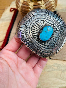 Vintage Navajo Turquoise & Hand Stamped Sterling Silver Cuff Bracelet