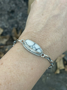 *AUTHENTIC* Navajo White Buffalo T. Skeets Stone & Sterling Silver Link Bracelet Signed (Copy)