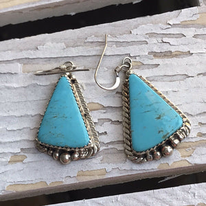 Navajo Sterling Silver Turquoise Stone Dangle Earrings Signed