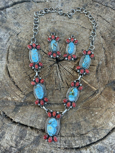 Navajo Sterling Kingman Turquoise Natural Red Coral Necklace Set Taos Collection