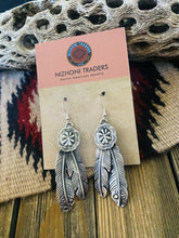 Load image into Gallery viewer, Navajo Sterling Silver Stamped Feather Concho Dangle Earrings