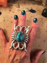 Load image into Gallery viewer, Russell Sam Navajo Sterling Silver &amp; Royston Turquoise Hand Stamped Ring Size 9.