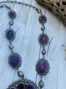 Vintage Navajo Purple Spiny Oyster & Sterling Silver Cluster Necklace Signed