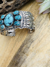 Load image into Gallery viewer, Vintage Navajo Turquoise &amp; Sterling Silver Hand Stamped Cuff Bracelet