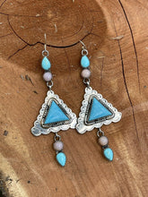 Load image into Gallery viewer, Navajo Sterling Southwest Triangle Pink Jasper Turquoise  Hook Dangle Earrings
