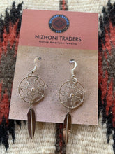 Load image into Gallery viewer, Navajo Sterling Silver Dream Catcher, Feather Dangle Earrings.