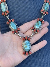 Load image into Gallery viewer, Navajo Sterling Kingman Turquoise Natural Red Coral Necklace Set Taos Collection