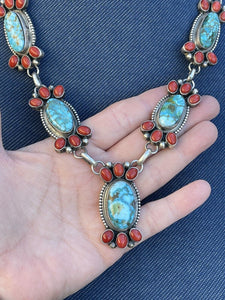 Navajo Sterling Kingman Turquoise Natural Red Coral Necklace Set Taos Collection