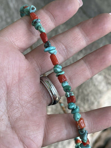 Navajo Turquoise, Heishi and Coral Beaded 16 Inch Necklace