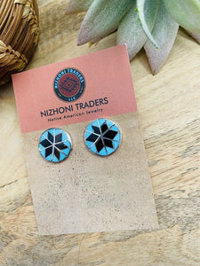 Zuni Sterling Silver, Onyx Turquoise Inlay Stud Earrings