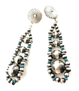 Navajo Sterling Silver Turquoise Gradual Bead Dangle Earrings